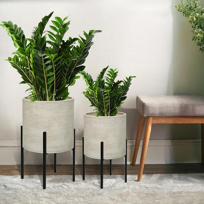 ARNIS Modern Plant Pots, Large Planters with Stand, Set of 2 Decorative Planters, Metal Pots with Drainage Holes for Living Room, Office, Garden or Balcony, 10.5 &12.55 Inch, Dirt