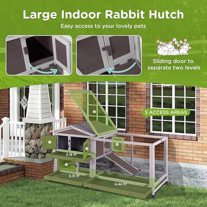 Gutinneen Large Indoor Rabbit Hutch Bunny Cage with Chew-Proof Ramp, Locking Leak-Proof Trays - Outdoor 62" Wooden Rabbit Cage with 6 Wheels for Rabbits, Guinea Pigs, Small Animals (Brown)