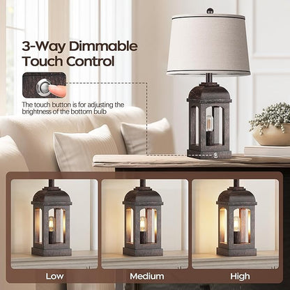 QiMH Table Lamp for Living Room, Farmhouse Lamps with USB A+C and Nightlight, 26" Rustic Bedside Lamps with 3-Way Dimmable Touch Control, Nightstand Lamp for Bedroom, Bronze, 1 Pack