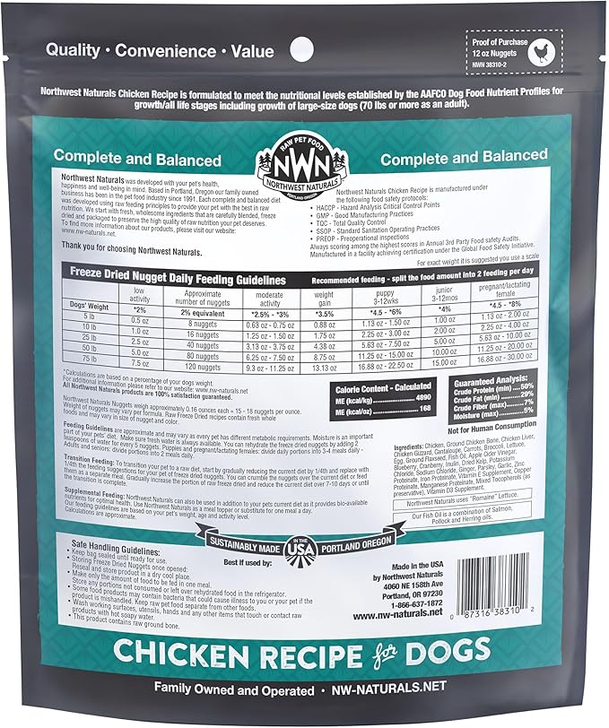 Northwest Naturals Freeze-Dried Chicken Dog Food - Bite-Sized Nuggets - Grain-Free, High-Protein, Raw Diet, Human-Grade Ingredients, All Natural, Premium Quality, Healthy & Nutritious - 12 Oz