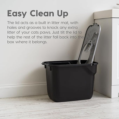 IRIS USA Cat Litter Box Large Top Entry with Lid, Enclosed Litter Box with Litter Catching Lid & Scoop, Covered Cat Litter Box Enclosure for Privacy, High Sided, Black/Gray