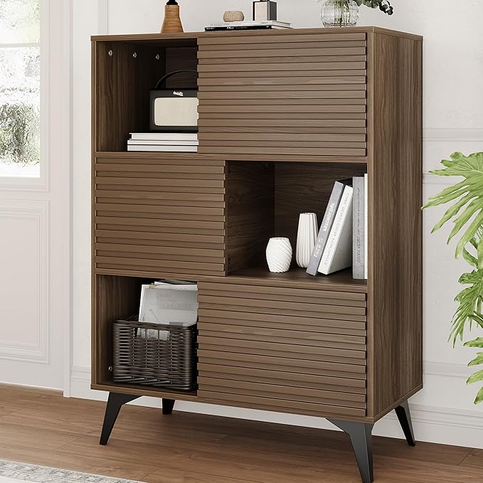 IDEALHOUSE Fluted Cabinet with Sliding Doors, Modern Wooden Storage Cabinet