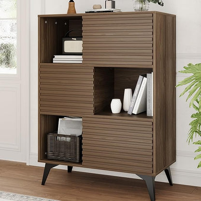 IDEALHOUSE Fluted Cabinet with Sliding Doors, Modern Wooden Storage Cabinet