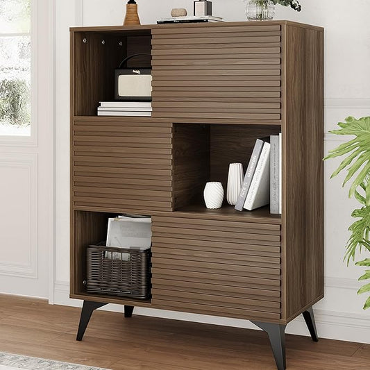 IDEALHOUSE Fluted Cabinet with Sliding Doors, Modern Wooden Storage Cabinet