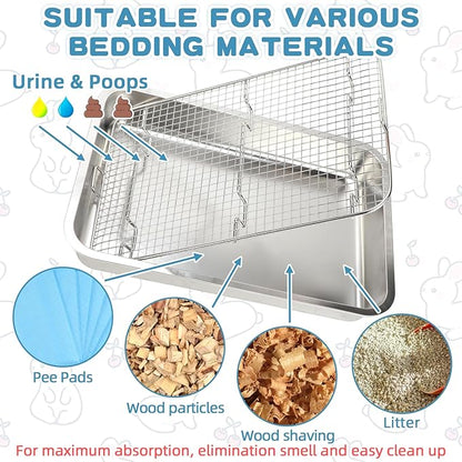 FHTONGE Extra Large Stainless Steel Rabbit Litter Box for Cage, Steel Litter Pan for Guinea Pig Ferret Rat Chinchilla Hedgehog Hamster, Rectangular Metal Bunny Potty Trainer Tray Pet Toilet Traine