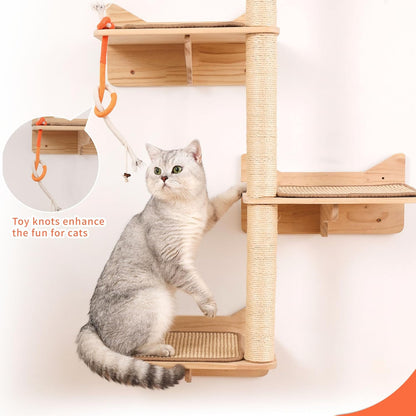 Wall Mounted Cat Tree - 7 PCS Cat Wall Shelves & Perches with Tall Sisal Scratching Posts, Wall Mount Cat Climbing Tree & Space-Saving Furniture for Indoor Cats to Climb, Scratch & Lounge