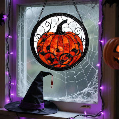 Stained Glass Window Hanging - Halloween Red White Scary Pumpkin Suncatcher for Doors Garden Home Spooky Rattan Sun Catchers Gothic Decor Horror Gifts for Women Men Friend Boy Girl 11.8 in