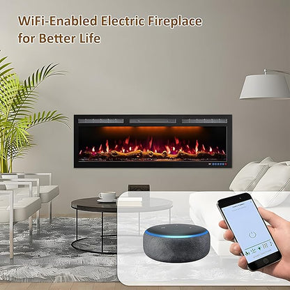 72 Inch WiFi-Enabled Electric Fireplace Inserts & Wall Mounted, Slim Electric