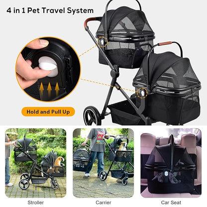 Foldable Double Pet Stroller for 2 Small Medium Cats Dogs, Lightweight Single and Double Integrated Pet Stroller with Detachable Carriers