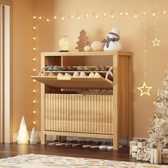Shoe Cabinet Storage for Entryway, Fluted Shoe Cabinet