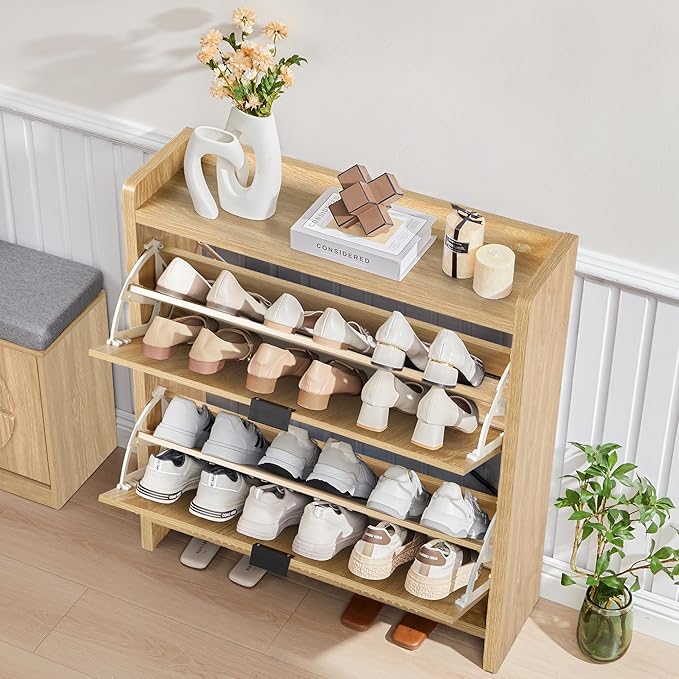 Narrow Shoe Cabinet with 2 Flip Drawers