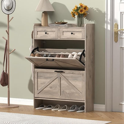 Shoe Cabinet with 2 Flip Drawers & 2 Storage Drawers, Rustic Farmhouse Narrow