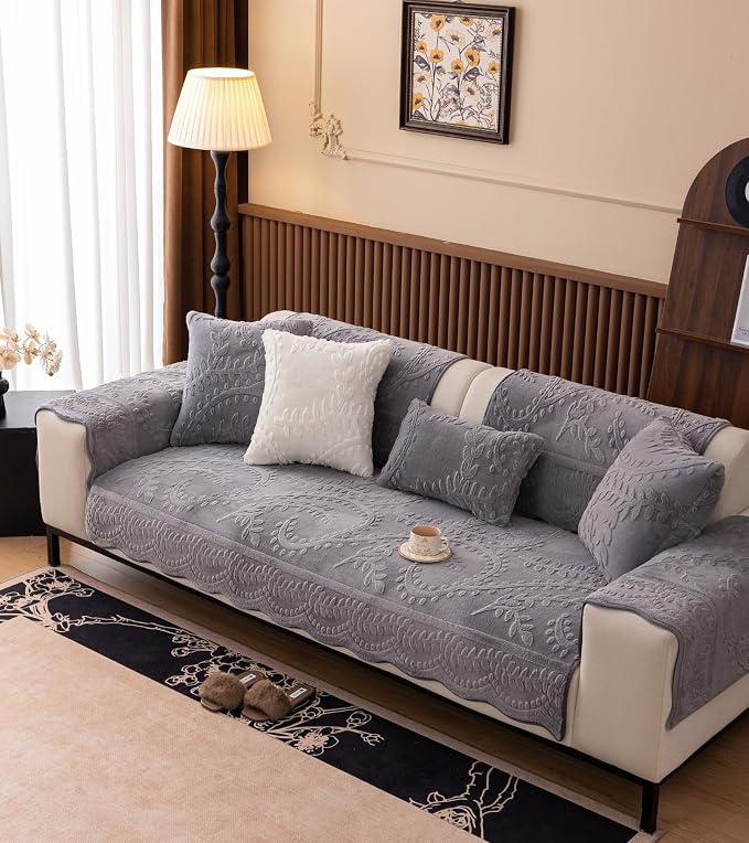 Grey Fuzzy Rabbit Plush Sofa Cover Cozy Warm Sofa Couch Covers with 3D Jacquard Leaf Pattern Non-Slip Easy-to-Install Shaggy Sofa Slipcover Prefect for Kids Dogs Cats Cats(Grey,36"x28")