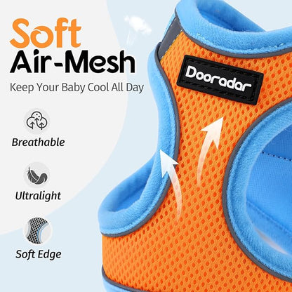 Dooradar Cat Harness and Leash Set, Escape Proof Lightweight Kitten Harness, Soft Breathable Reflective Vest for Outdoor Walking Traveling, Adjustable for Large Cats, Orange & Blue, L