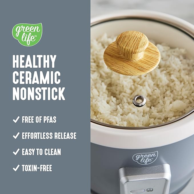 GreenLife Rice Cooker with Removable PFAS-Free Ceramic Nonstick Pot, 3-Cups