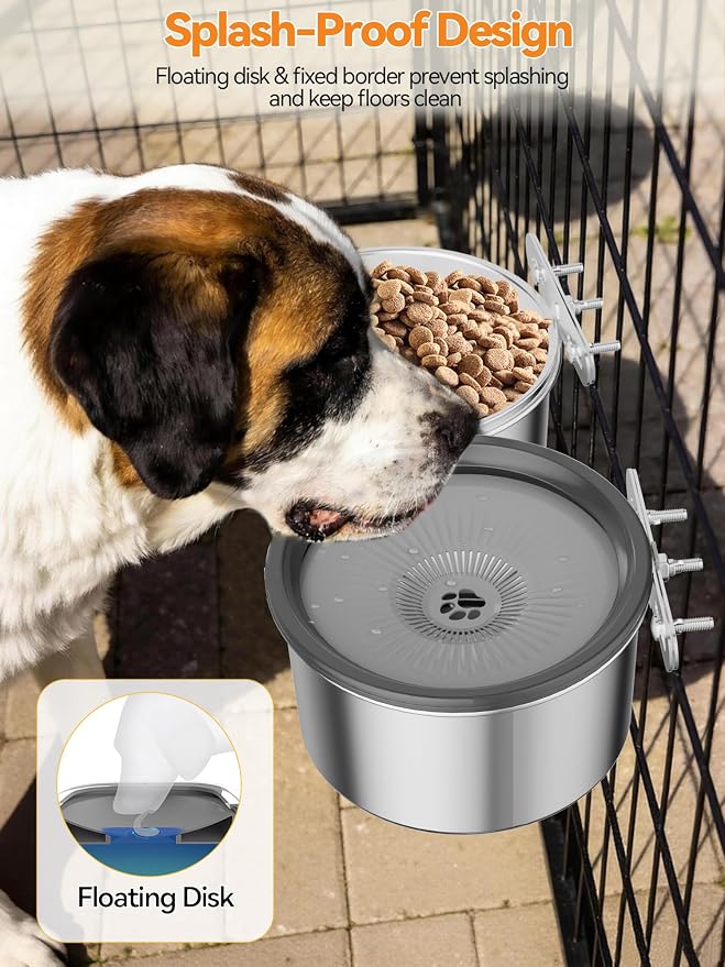 2 Pcs No Spill Dog Water Bowl for Crate, 2.5L Stainless Steel Hanging Kennel Bowls with Adjustable Height, Anti-Splash Water & Food Bowl Set for Cage Kennel Crate, Medium Large Dogs (Grey)