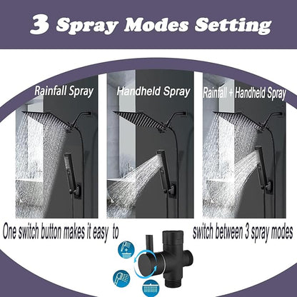 12" High Pressure Square Rain Shower Head and 2-in-1 Hand Shower, Rainfall
