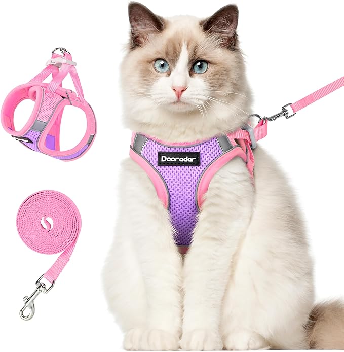 Dooradar Cat Harness and Leash Set, Escape Proof Lightweight Kitten Harness, Soft Breathable Reflective Vest for Outdoor Walking Traveling, Adjustable for Large Cats, Purple & Pink, L