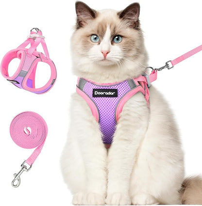 Dooradar Cat Harness and Leash Set, Escape Proof Lightweight Kitten Harness, Soft Breathable Reflective Vest for Outdoor Walking Traveling, Adjustable for Large Cats, Purple & Pink, L