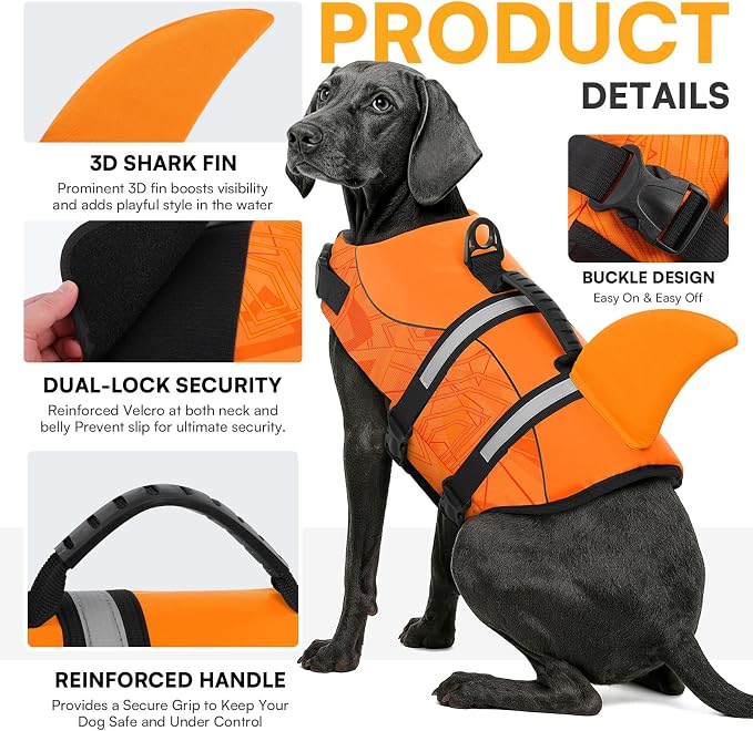 Dog Life Jacket High Flotation, Reflective Dog Life Vest for Swimming, Adjustable Dogs Life Preserver Rescue Handle Spring Summer Pool for Small, Medium, Large Dogs (OrangeLines,S)