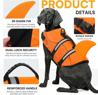 Dog Life Jacket High Flotation, Reflective Dog Life Vest for Swimming, Adjustable Dogs Life Preserver Rescue Handle Spring Summer Pool for Small, Medium, Large Dogs (OrangeLines,S)
