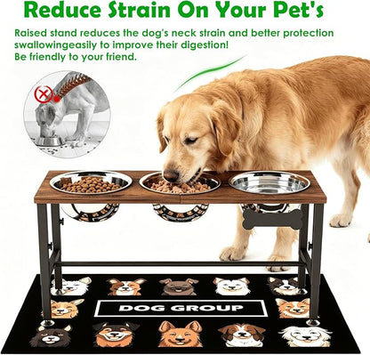 SHAINFUN Adjustable Height Elevated Dog Bowl Stand – Wooden Raised Dog Bowls with Three 58oz Stainless Steel Bowls & Mat for Small to Large Dog Breeds