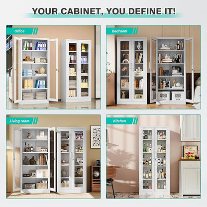 Metal Storage Cabinet with Lock and Glass Doors, Locking Curio Cabinets with 5