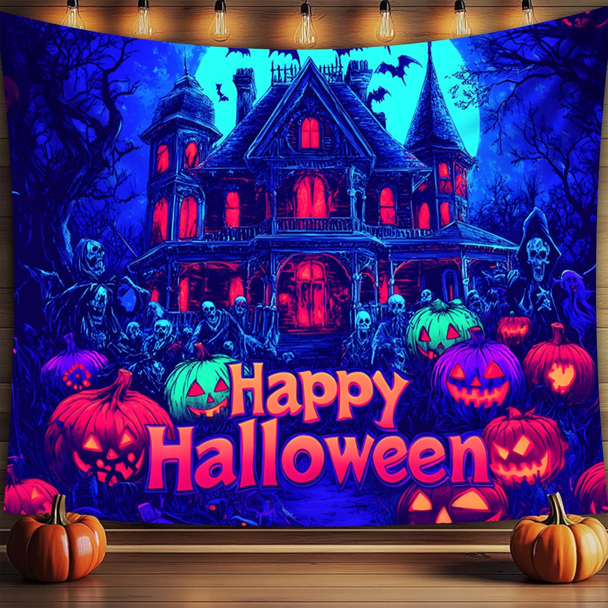 Halloween Tapestry, Blacklight Tapestry for Halloween Party Decor Hanging Tapestries Backdrop Wall Art Poster for Bedroom Dorm 79x59in