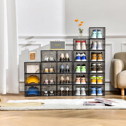 12 Pack Gray Transparent Shoe Storage Organizer, Stackable Shoe Boxes