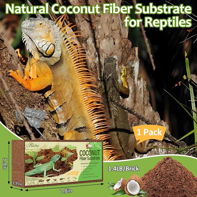 Riare 1 Pack Natural Coconut Fiber Substrate for Reptile- Premium Compressed Coconut Husk Terrarium Bedding for Reptile, Tortoise, Frogs, Snakes Hermit Crabs, Burrowing Animals