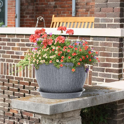 Meowell Large Flower Pots 12/10/9 inch, 3 Set Big Plant Pots for Outdoor Indoor Plants with Water Ripples, Wide Plastic Planters with Drainage Holes and Saucers for Garden House Plants, Speckled Grey