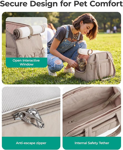 BAGSMART Dog Purse Carrier for Small Dogs Up to 13lbs Puppy Travel Tote Bag | Quilted Puffy Soft Sided Pet Handbag with Pockets, Collapsible Lightweight Portable Carrying with Safety Tether & Mat, Brown