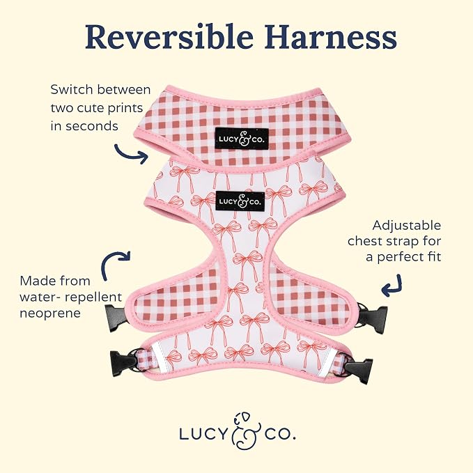 Lucy & Co. Reversible Dog Harness - Water-Repellent Neoprene, Dual-Print Design, Easy Swap Style, Adjustable Comfort Fit - Take a Bow Reversible Harness - X-Small