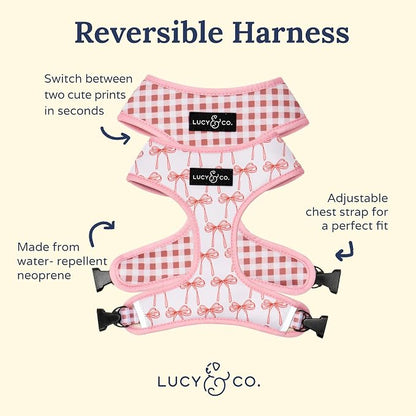 Lucy & Co. Reversible Dog Harness - Water-Repellent Neoprene, Dual-Print Design, Easy Swap Style, Adjustable Comfort Fit - Take a Bow Reversible Harness - Small