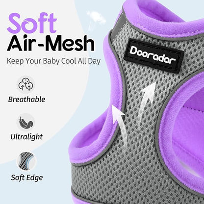 Dooradar Cat Harness and Leash Set, Escape Proof Lightweight Kitten Harness, Soft Breathable Reflective Vest for Outdoor Walking Traveling, Adjustable for Small Cats, Grey & Purple, S