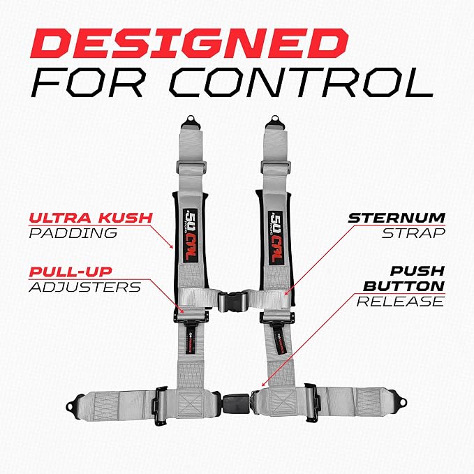 1pc 50 Cal Silver 4 Point Harness 2in Straps, Racing Harness Seat Belt | Ultra Kush padding, Push Button quick release hardware. Universal Fit for UTV, RZR, race car.