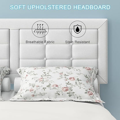 VECELO Full Size Bed Frame with Adjustable Headboard, Upholstered Button Tufted Platform Bedframe with Wood Slats Support, No Box Spring Needed, Linen & White
