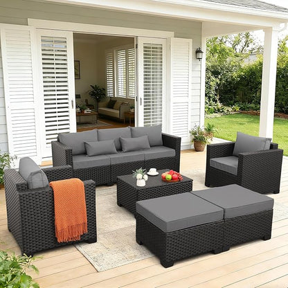 Rattaner Patio Wicker Furniture Set 6 Pieces Outdoor HDPE Wicker Conversation Couch Sectional Chair Sofa Set with Grey Cushions