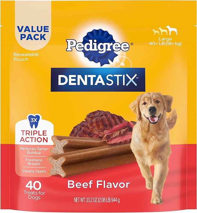 Pedigree Dentastix Large Breed Dog Treats, Beef Flavor, 2.08 lb. Bag (40 Treats)
