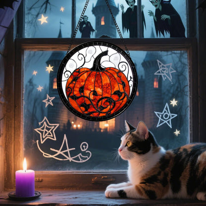 Stained Glass Window Hanging - Halloween Red White Scary Pumpkin Suncatcher for Doors Garden Home Spooky Rattan Sun Catchers Gothic Decor Horror Gifts for Women Men Friend Boy Girl 11.8 in