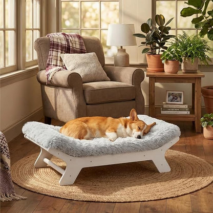 Elevated Wood Dog Bed Frame Mat Set, Whitecolor, Medium | Raised Sturdy Attractive Dog Sofa Couch Furniture,55 lb