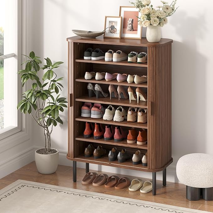 Shoe Storage Cabinet with Adjustable Shelves, 6-Tier Mid-Century Modern Shoe