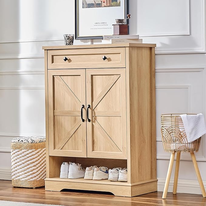SOOWERY Shoe Cabinet with Drawer, Farmhouse Shoe Storage Cabinet with Doors
