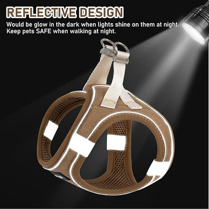 GAMUDA Small Pet Harness Collar and Leash Set, Step in No Chock No Pull Linen Fabric Soft Mesh Dog Vest Harnesses Reflective for Dogs Puppy Cats Kitten Rabbit (Brown, M)