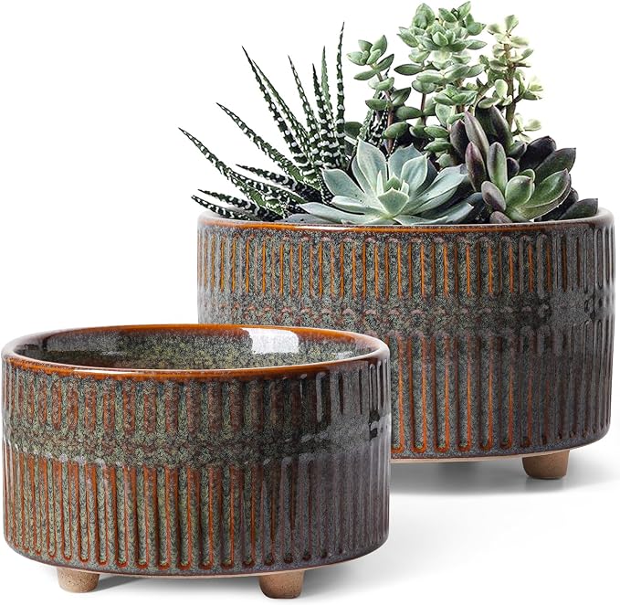 LE TAUCI Succulent Pots, 6.5+8 Inch Ceramic Pots for Plants Indoor, Shallow Round Succulent Planters with Drainage Hole, Set of 2, Reactive Glaze Black