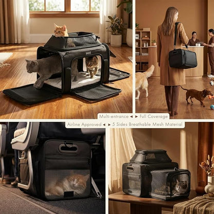 Top-Side Expandable Pet Carrier, Treat Window,18x11x11 Airline Approved | for Delta American United,Soft-Sided Cat Carrier,Anti-Scratch Mesh,Lockable Zippers,Dog Carrier for Kitten,Rabbit,Puppy,Black