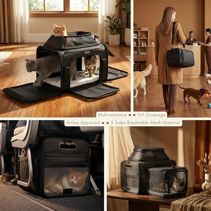 Top-Side Expandable Pet Carrier, Treat Window,18x13x9.5 Airline Approved | for Southwest Frontier,Soft-Sided Cat Carrier, Anti-Scratch Mesh, Lockable Zippers,Dog Carrier for Kitten,Rabbit,Puppy, Black
