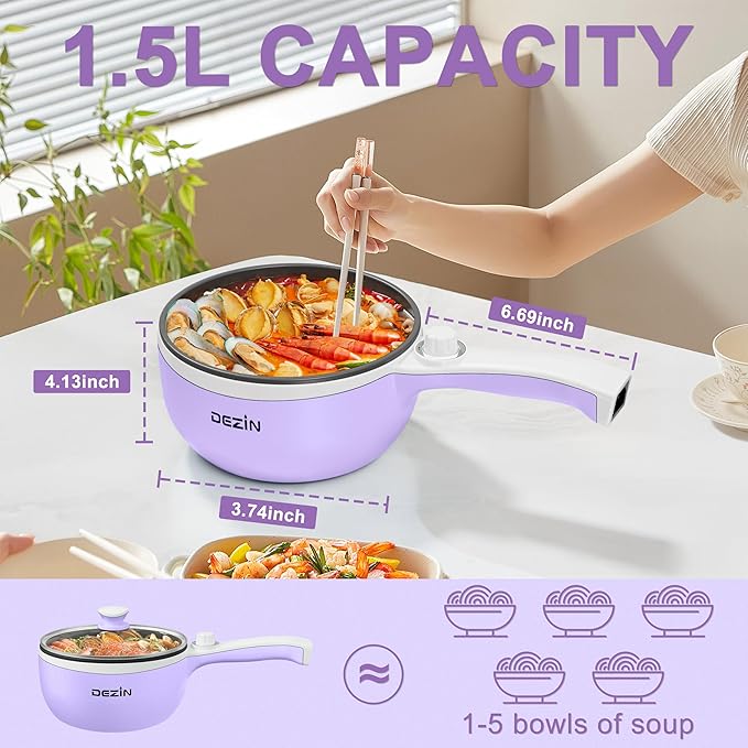 Dezin Hot Pot Electric Upgraded, Non-Stick Sauté Pan, Rapid Noodles Electric Pot