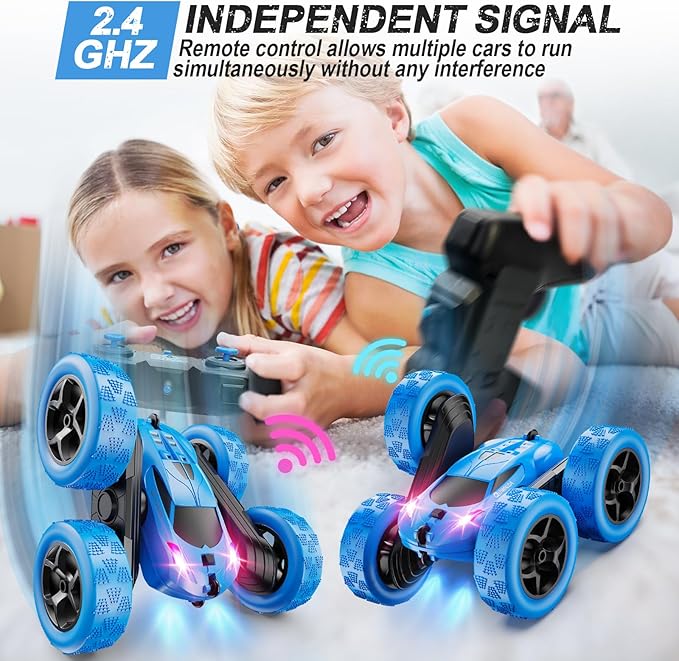 Remote Control Car, RC Cars Toys for Kids Ages 6-12, 4WD Stunt Car with LED Lights & 360° Flips, 2.4GHz, Upgraded USB-C Modular Batteries, 8-10 Year Old Boys Birthday Gift 1-Blue