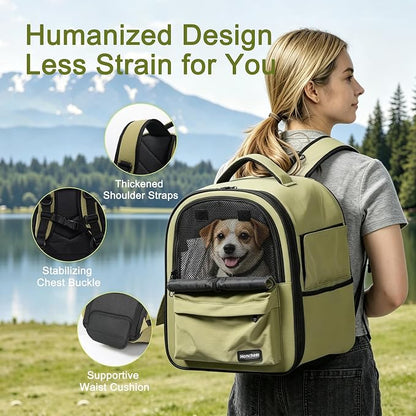 Cat Carrier Dog Backpack Carrier with Anti-Collapse Bottom (Olive Green) | Dog Carrier Mesh Backpack Breathable Pet Travel Bag with Sun Shade, Locking Zippers, Ergonomic Support for Hiking, Vet, Car